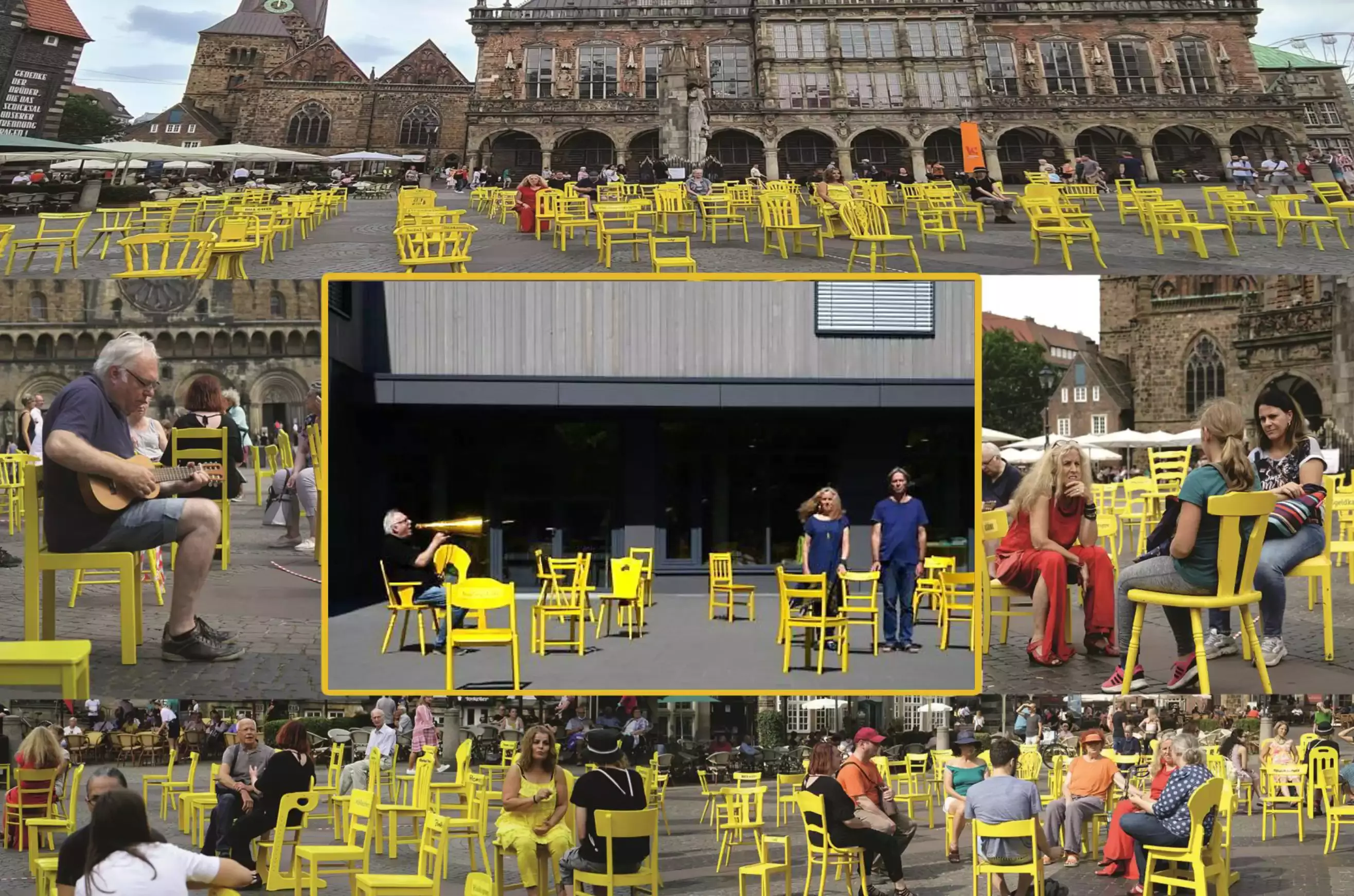 Eine Collage aus mehreren Fotos. Viele gelbe Stühle stehen auf dem Bremer Rathausplatz. Vereinzelt sitzen dort Menschen und sprechen miteinander.